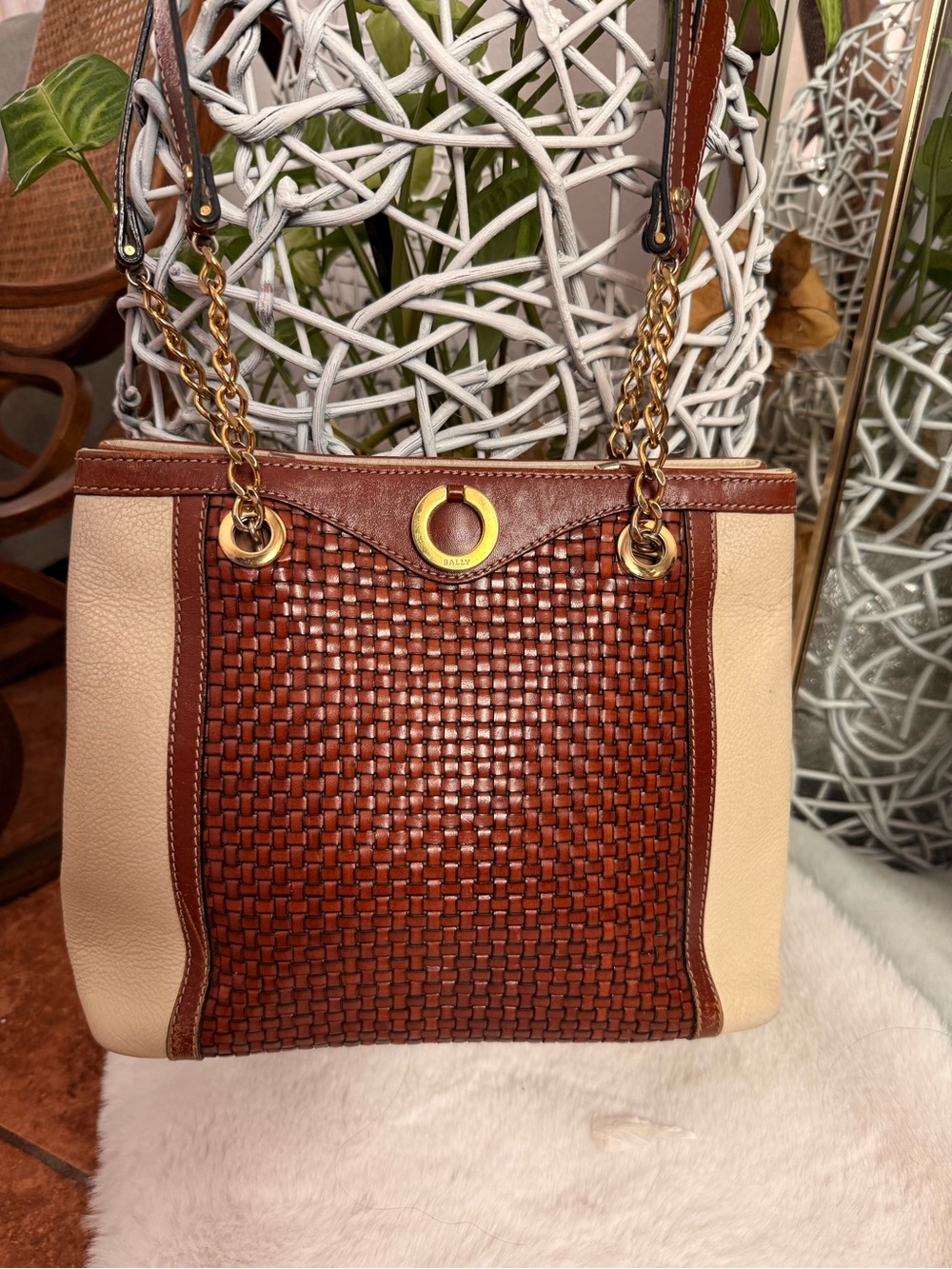 Bally vintage Brown Woven Leather Shoulder Bag with Cream Sides